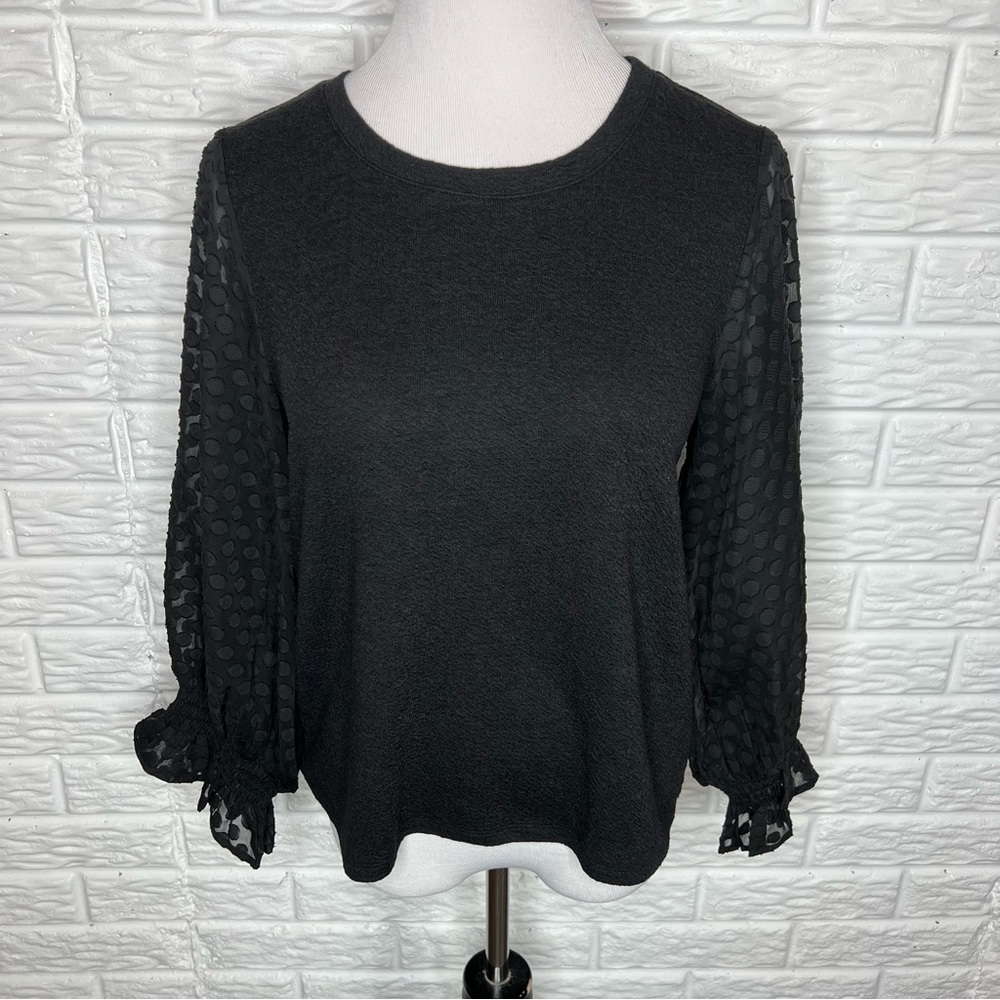 ANTHROPOLOGIE Sunday in Brooklyn Black Polka Dot Sleeve Top Shirt Size S